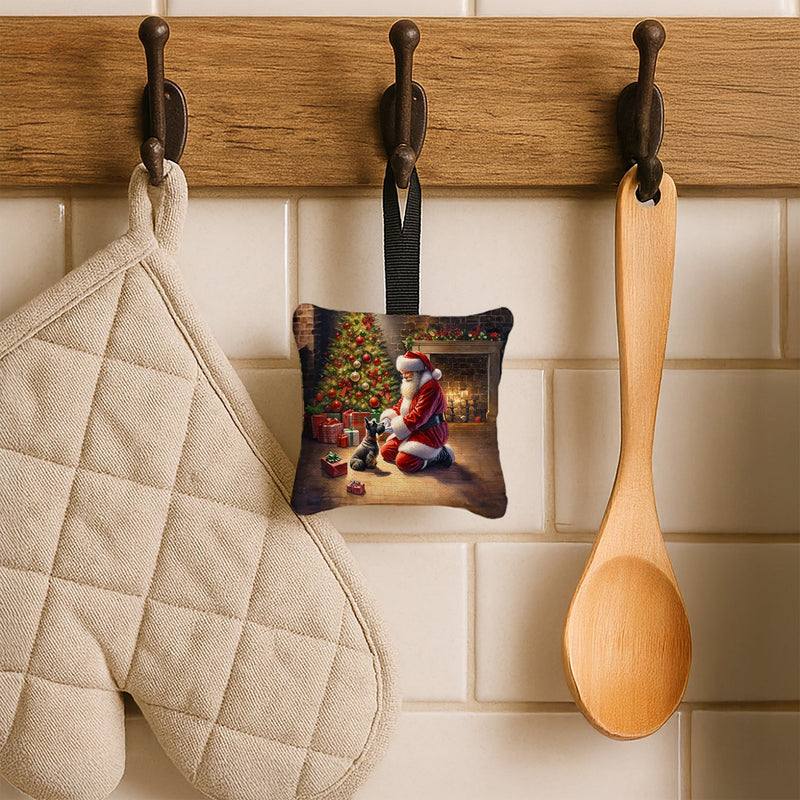 Scottish Terrier and Santa Claus Hanging Square Fabric Ornament 3.5 × 3.5