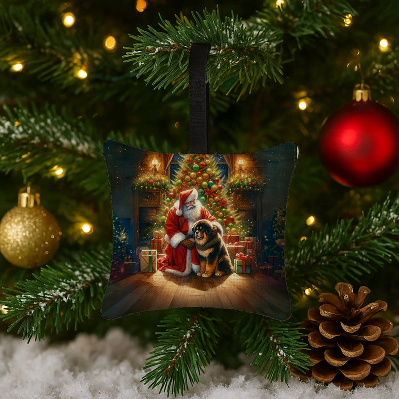 Tibetan Mastiff and Santa Claus Hanging Square Fabric Ornament 3.5 × 3.5