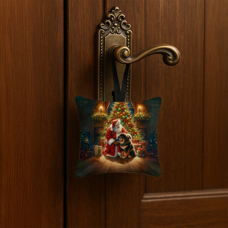 Tibetan Mastiff and Santa Claus Hanging Square Fabric Ornament 3.5 × 3.5