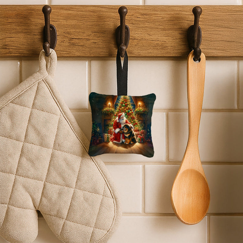 Tibetan Mastiff and Santa Claus Hanging Square Fabric Ornament 3.5 × 3.5