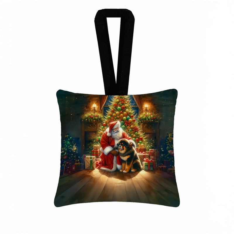 Tibetan Mastiff and Santa Claus Hanging Square Fabric Ornament 3.5 × 3.5
