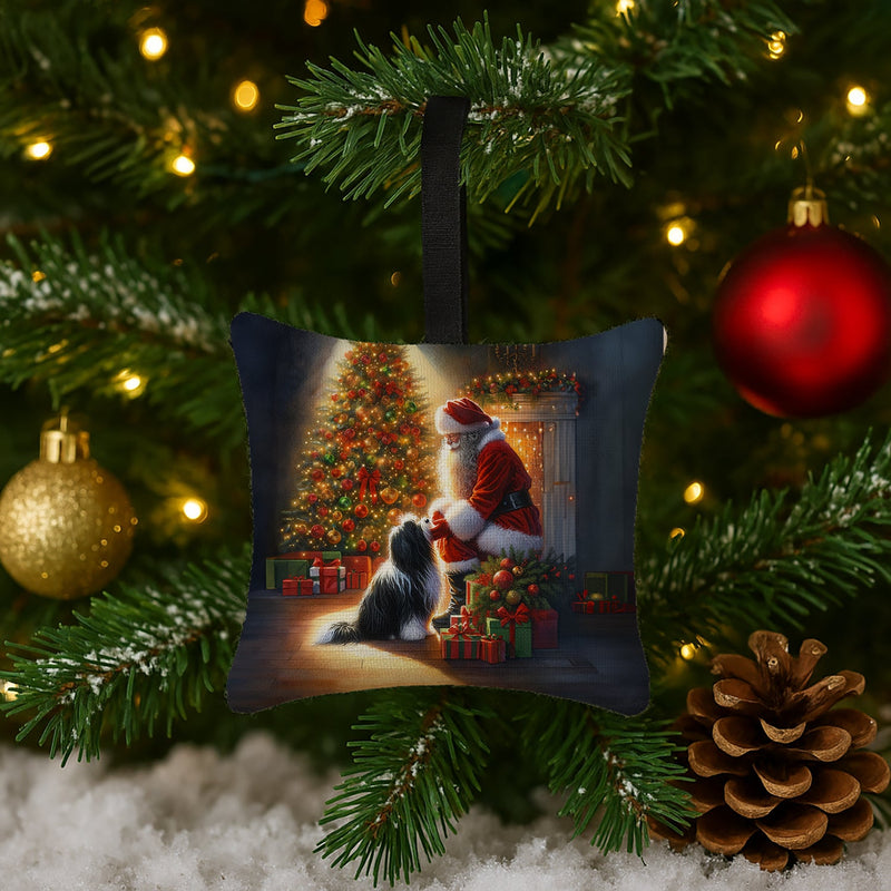 Tibetan Terrier and Santa Claus Hanging Square Fabric Ornament 3.5 × 3.5