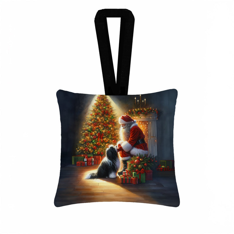 Tibetan Terrier and Santa Claus Hanging Square Fabric Ornament 3.5 × 3.5
