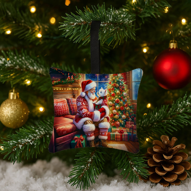 Westie and Santa Claus Hanging Square Fabric Ornament 3.5 × 3.5