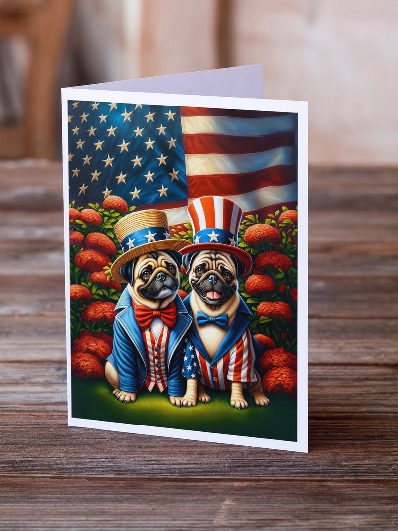 All American Pug Greeting Cards - Blank Note Cards – 8-Pack of Artist-Designed Cards with Envelopes
