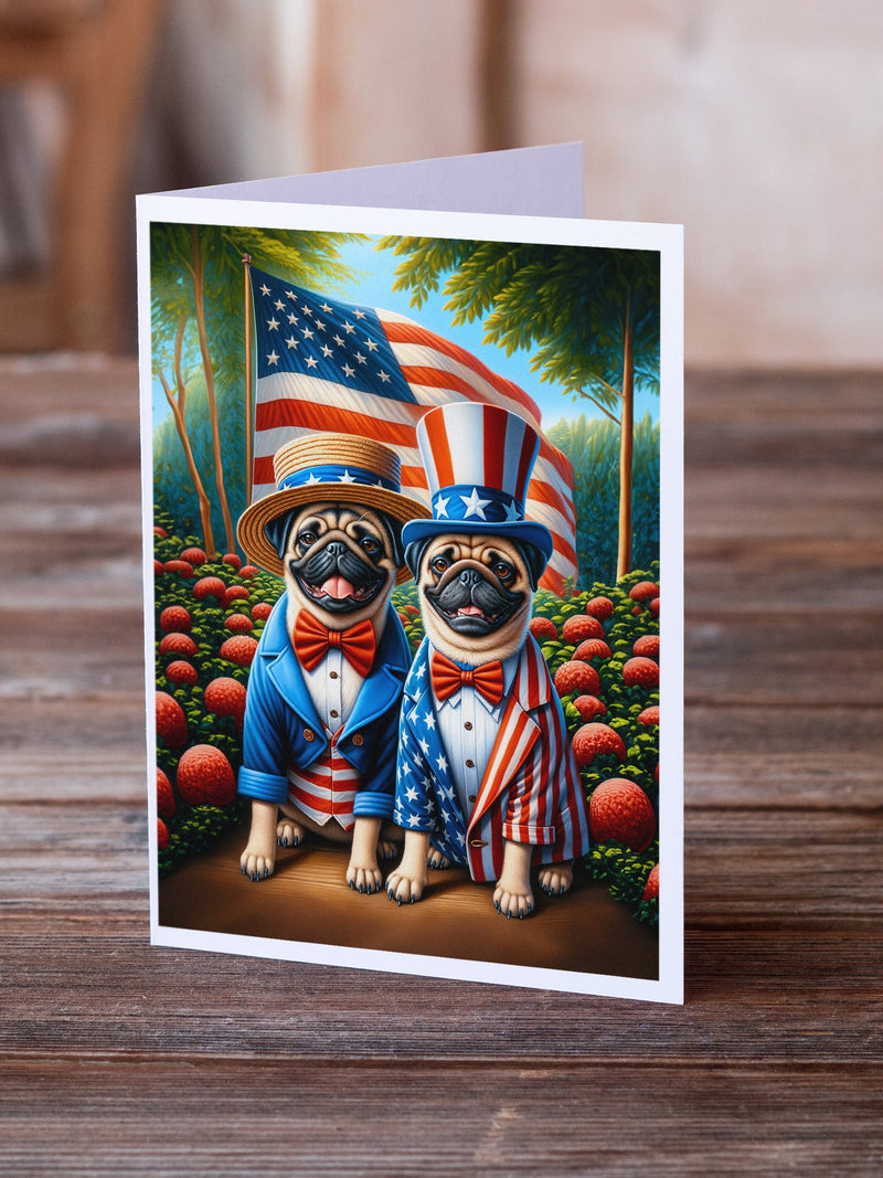 All American Pug Greeting Cards - Blank Note Cards – 8-Pack of Artist-Designed Cards with Envelopes