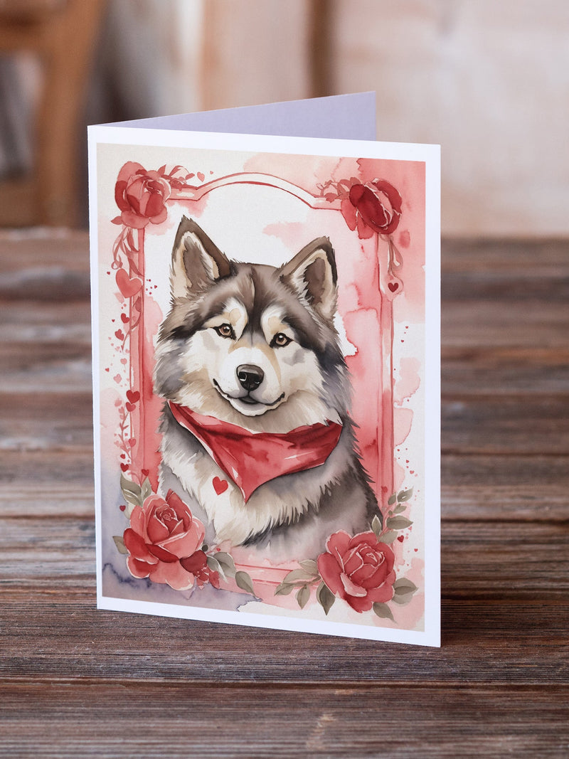 Alaskan Malamute Valentine Roses Greeting Cards Pack of 8