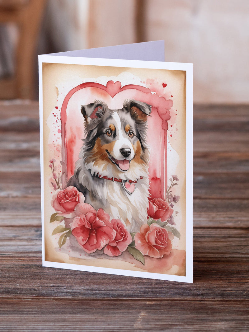 Australian Shepherd Valentine Roses Greeting Cards Pack of 8