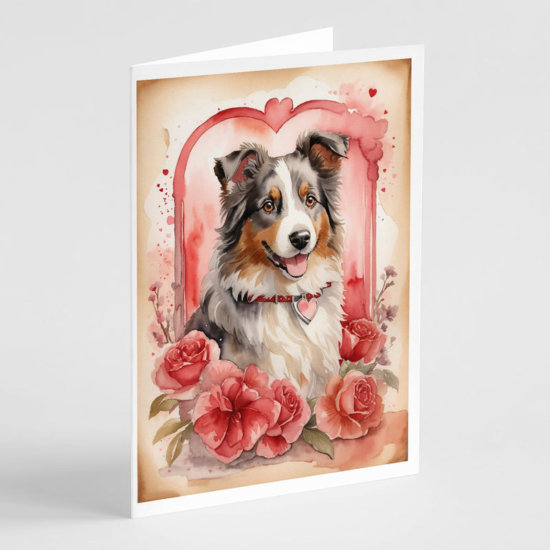 Australian Shepherd Valentine Roses Greeting Cards Pack of 8