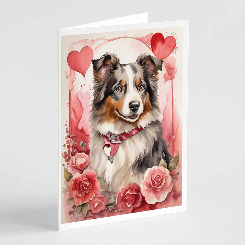 Australian Shepherd Valentine Roses Greeting Cards Pack of 8