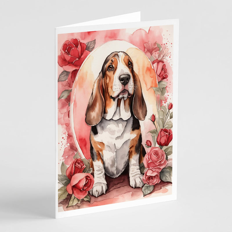 Basset Hound Valentine Roses Greeting Cards Pack of 8