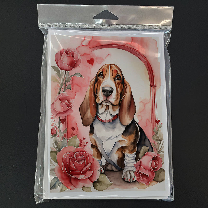 Basset Hound Valentine Roses Greeting Cards Pack of 8