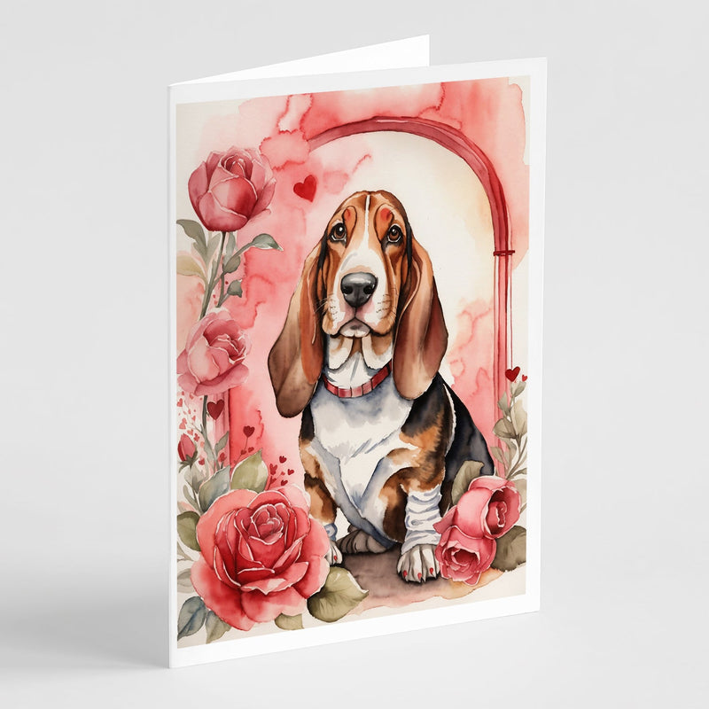 Basset Hound Valentine Roses Greeting Cards Pack of 8