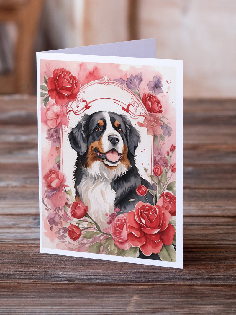 Bernese Mountain Dog Valentine Roses Greeting Cards Pack of 8