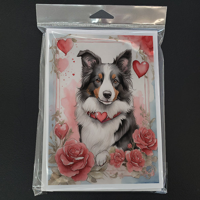 Border Collie Valentine Roses Greeting Cards Pack of 8