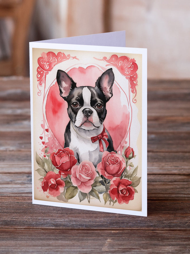 Boston Terrier Valentine Roses Greeting Cards Pack of 8