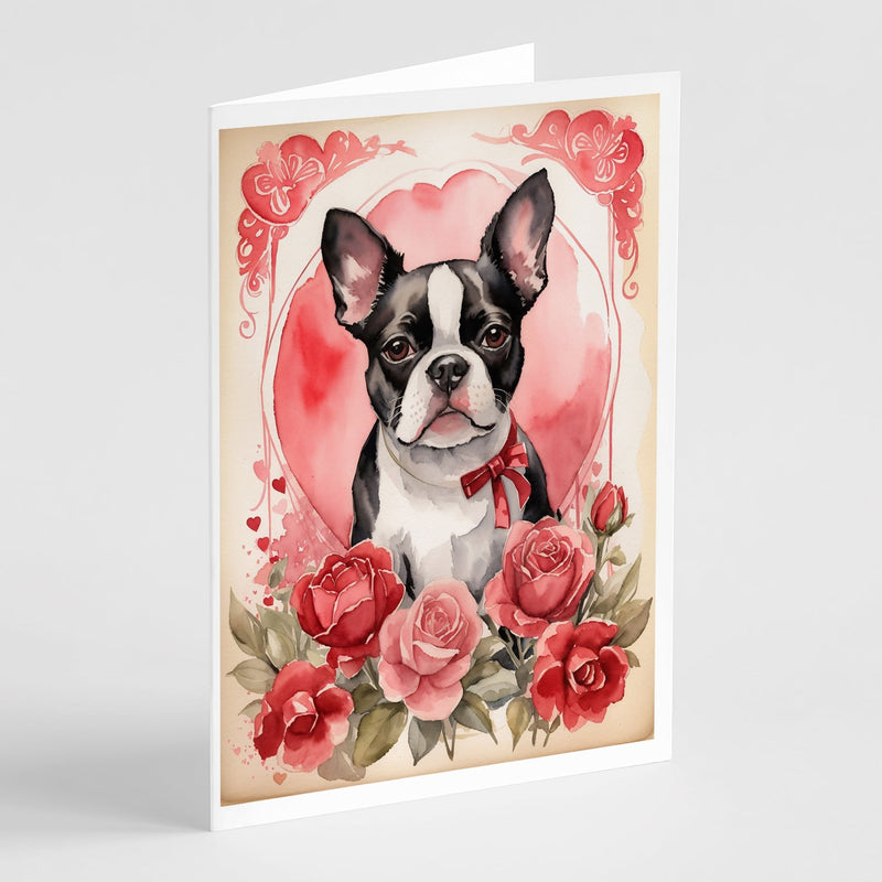 Boston Terrier Valentine Roses Greeting Cards Pack of 8