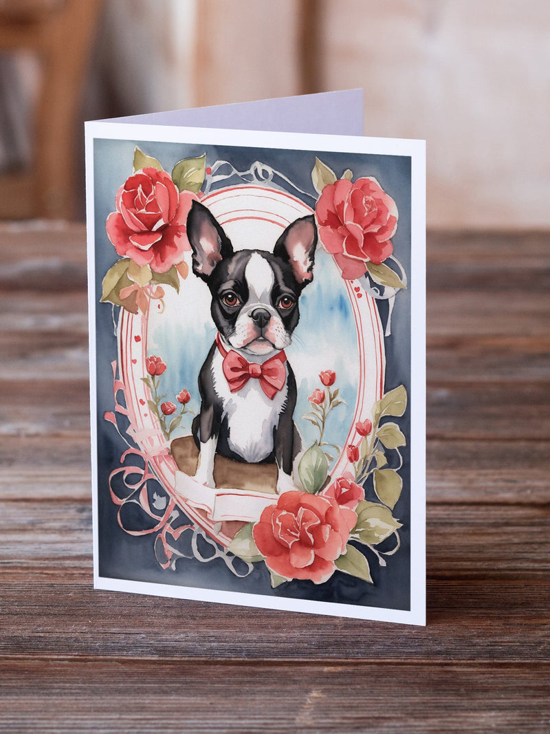 Boston Terrier Valentine Roses Greeting Cards Pack of 8