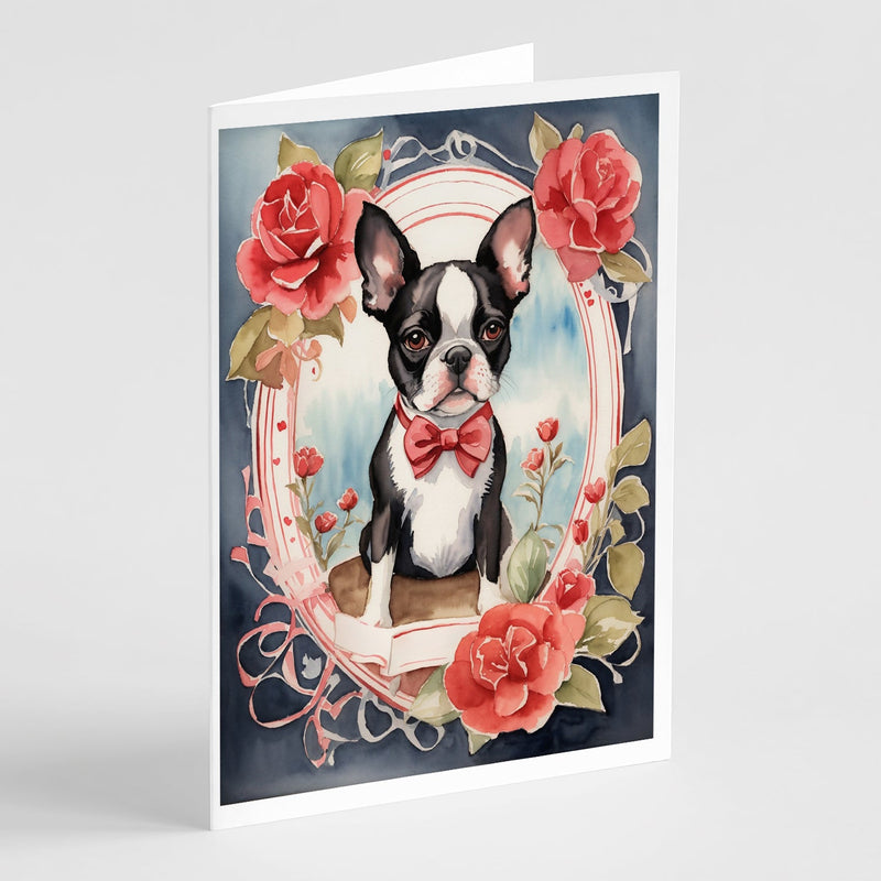 Boston Terrier Valentine Roses Greeting Cards Pack of 8