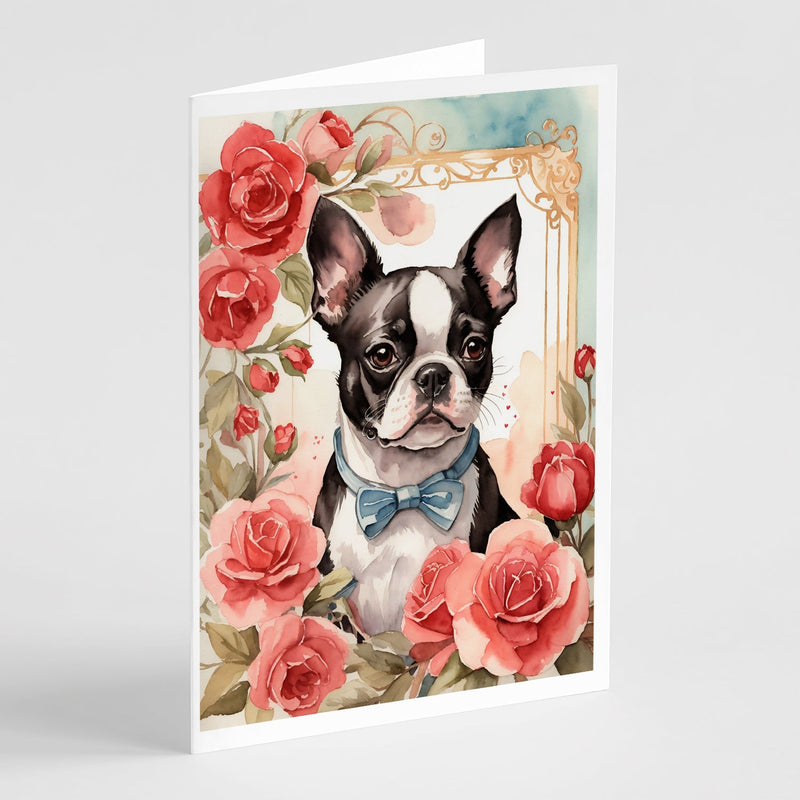 Boston Terrier Valentine Roses Greeting Cards Pack of 8