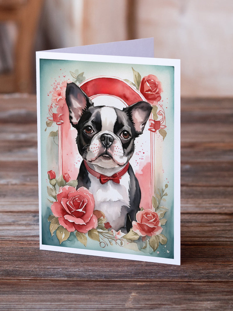 Boston Terrier Valentine Roses Greeting Cards Pack of 8