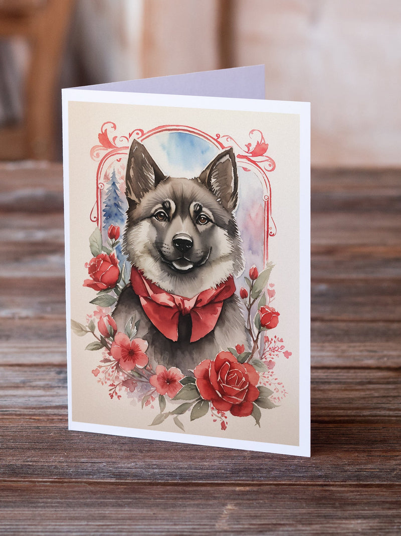 Norwegian Elkhound Valentine Roses Greeting Cards - Blank Note Cards – 8-Pack of Artist-Designed Cards with Envelopes