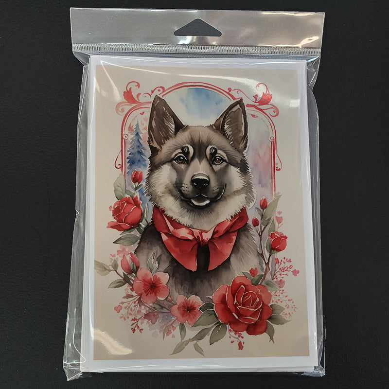 Norwegian Elkhound Valentine Roses Greeting Cards - Blank Note Cards – 8-Pack of Artist-Designed Cards with Envelopes