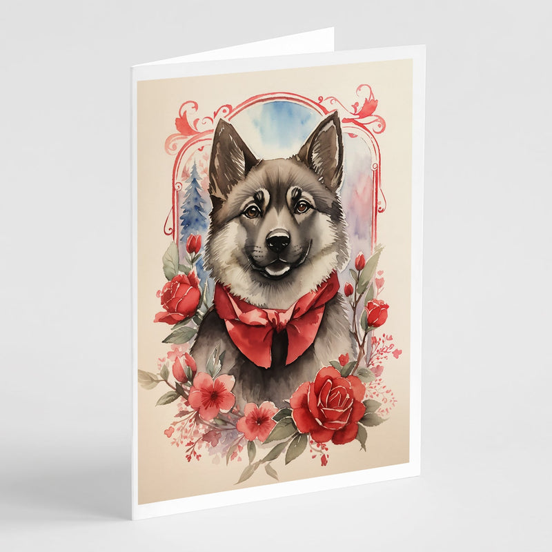 Norwegian Elkhound Valentine Roses Greeting Cards - Blank Note Cards – 8-Pack of Artist-Designed Cards with Envelopes
