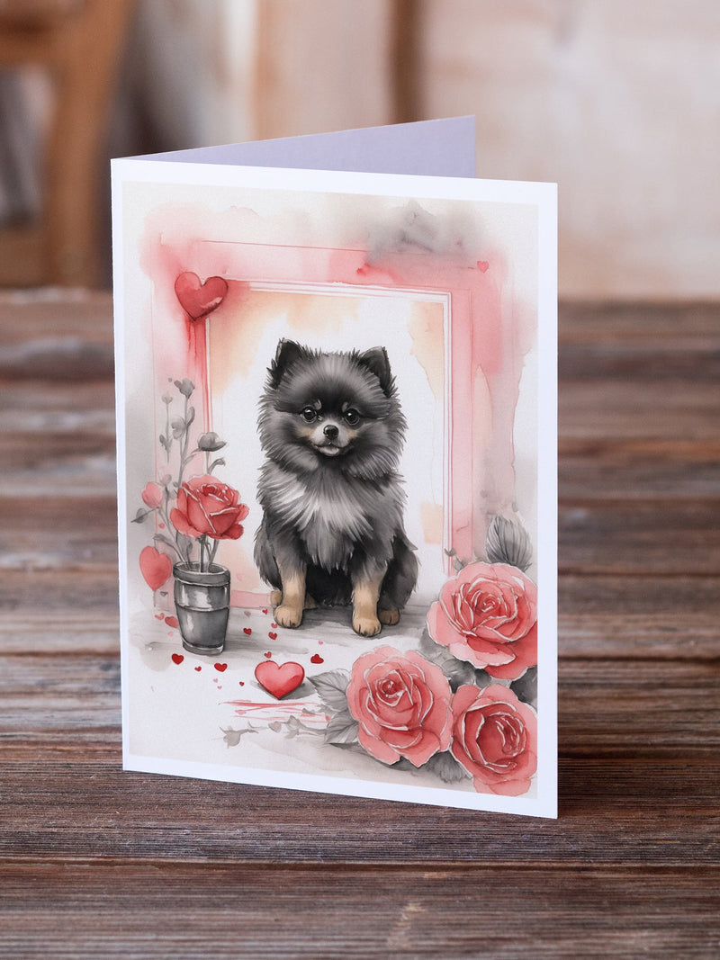 Black Pomeranian Valentine Roses Greeting Cards Pack of 8