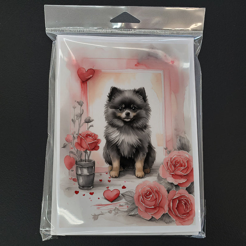 Black Pomeranian Valentine Roses Greeting Cards Pack of 8