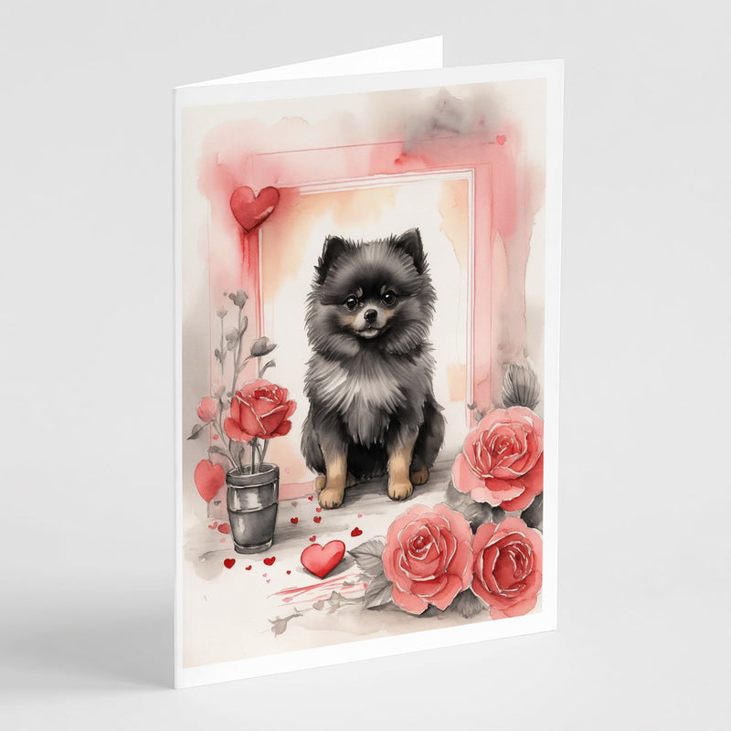 Black Pomeranian Valentine Roses Greeting Cards Pack of 8