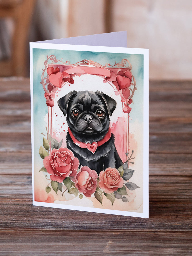 Black Pug Valentine Roses Greeting Cards Pack of 8