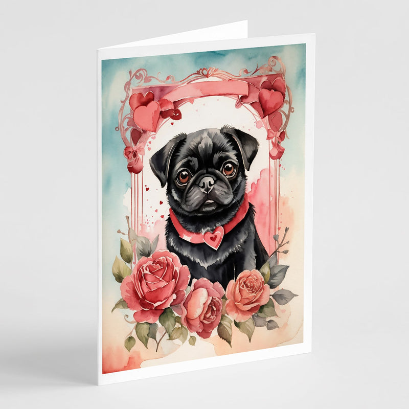 Black Pug Valentine Roses Greeting Cards Pack of 8