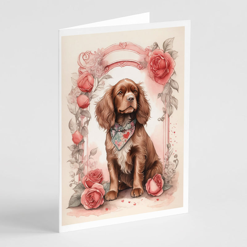 Sussex Spaniel Valentine Roses Greeting Cards Pack of 8