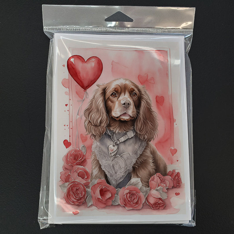 Sussex Spaniel Valentine Roses Greeting Cards Pack of 8