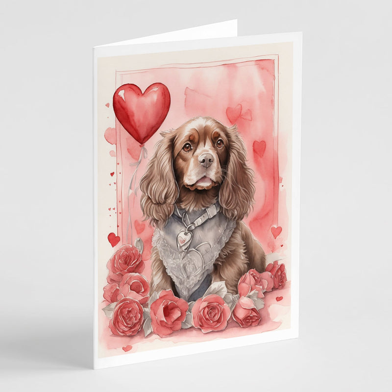 Sussex Spaniel Valentine Roses Greeting Cards Pack of 8