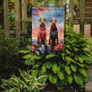 Airedale Terrier Two Hearts Garden Flag –  Romantic Dog Pair with Sunset & Mountain Background