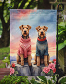 Airedale Terrier Two Hearts Garden Flag –  Romantic Dog Pair with Sunset & Mountain Background