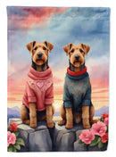 Airedale Terrier Two Hearts Garden Flag –  Romantic Dog Pair with Sunset & Mountain Background