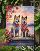 Akita Two Hearts Garden Flag –  Romantic Dog Pair with Sunset & Mountain Background