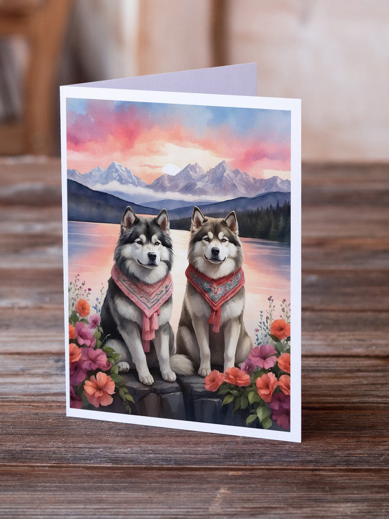 Alaskan Malamute Two Hearts Greeting Cards Pack of 8