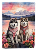 Alaskan Malamute Two Hearts Garden Flag –  Romantic Dog Pair with Sunset & Mountain Background