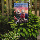 American Eskimo Two Hearts Garden Flag –  Romantic Dog Pair with Sunset & Mountain Background