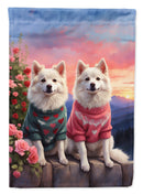 American Eskimo Two Hearts Garden Flag –  Romantic Dog Pair with Sunset & Mountain Background