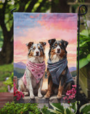 Australian Shepherd Two Hearts Garden Flag –  Romantic Dog Pair with Sunset & Mountain Background