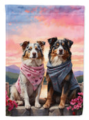Australian Shepherd Two Hearts Garden Flag –  Romantic Dog Pair with Sunset & Mountain Background