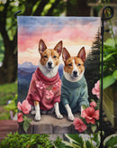 Basenji Two Hearts Garden Flag –  Romantic Dog Pair with Sunset & Mountain Background