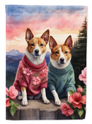 Basenji Two Hearts Garden Flag –  Romantic Dog Pair with Sunset & Mountain Background