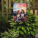 Basset Hound Two Hearts Garden Flag –  Romantic Dog Pair with Sunset & Mountain Background