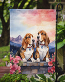Basset Hound Two Hearts Garden Flag –  Romantic Dog Pair with Sunset & Mountain Background